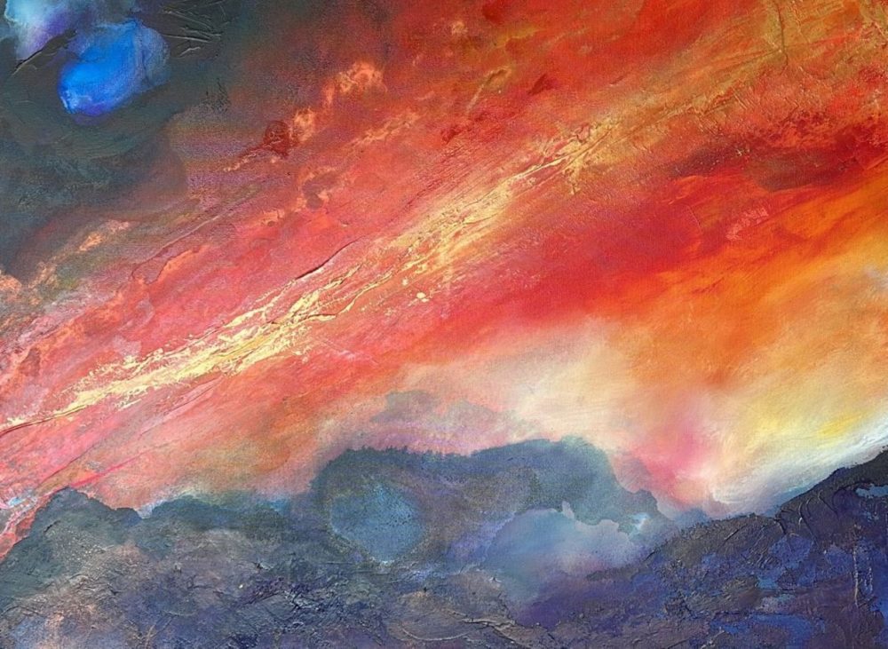 Reckoning - deep red and burnt orange abstract painting with a pale blue form, part of the Burnt Skies collection