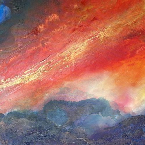 Reckoning - deep red and burnt orange abstract painting with a pale blue form, part of the Burnt Skies collection